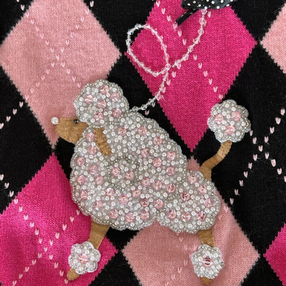 SALE Vintage Poodle Cardigan Sweater Pink Black Y2K Argyle Medi Retro Rockabilly - Picture 4 of 6